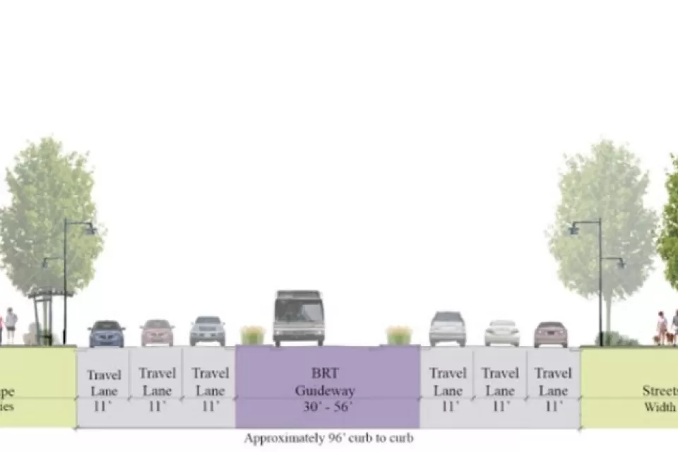 A diagram showing the street lanes for a proposed bus rapid transit route.